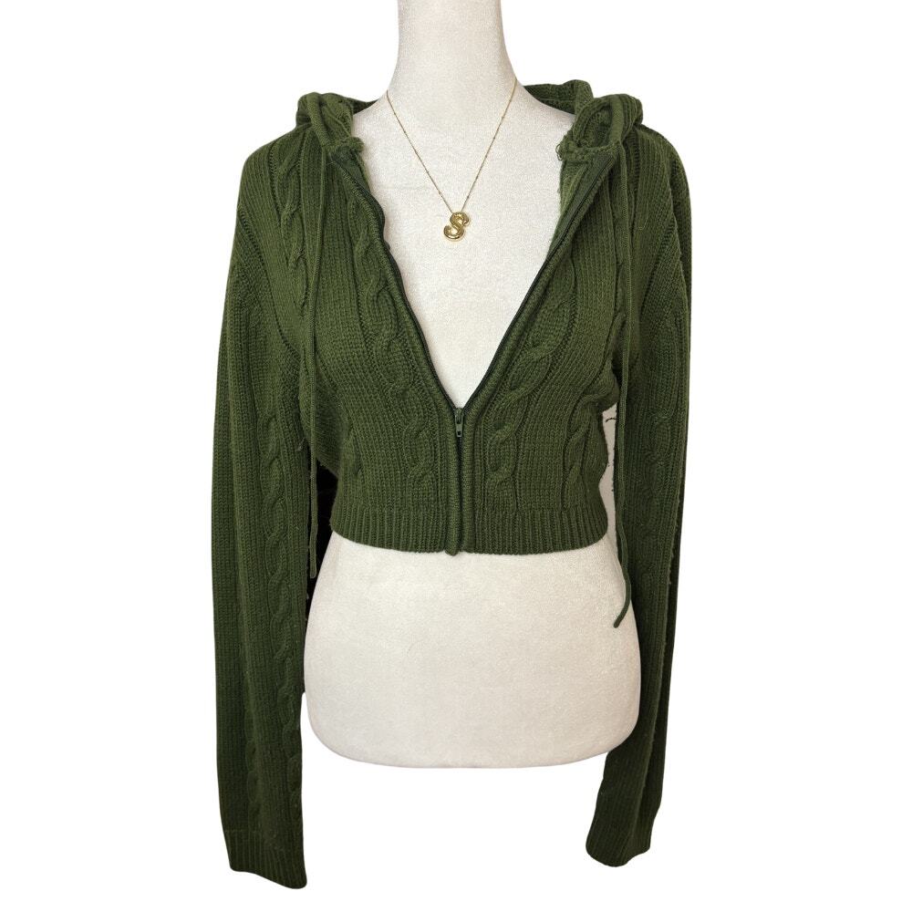 Cable Knit Cropped Zip Hoodie Sweater Army Olive Green Size L